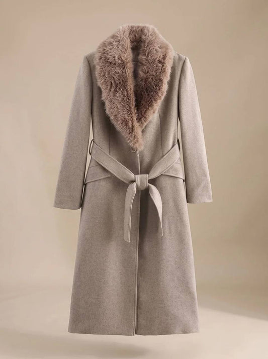 Belted Long Coat with Oversized Plush Collar – Taupe
